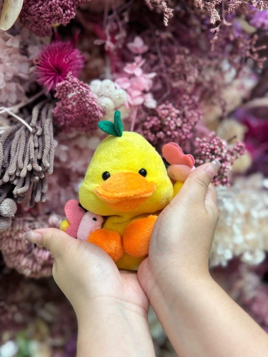 My Yellow Duck plush keepsake with a green sprout topper, cradled gently in two hands