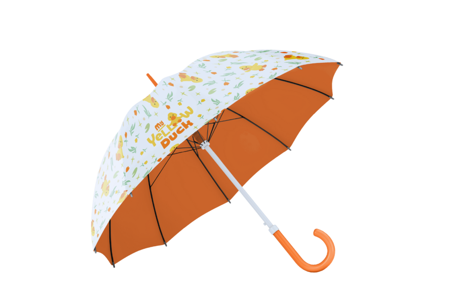 White and orange umbrella with duck illustrations